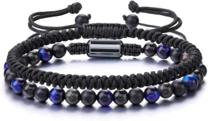 PESOENTH Mens Bracelets Obsidian Tiger Eye Bracelet For Men 6MM Natural Stone Beads Bracelet Set Braided Bracelets Adjustable Mens Bracelets Set Mens jewelry Gift for Boyfriend Dad