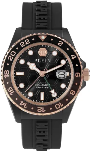 Philipp Plein GMT-I Challenger Collection Luxury Mens Watch Timepieces with a Black Strap and Dial Featuring a Two Tone Case