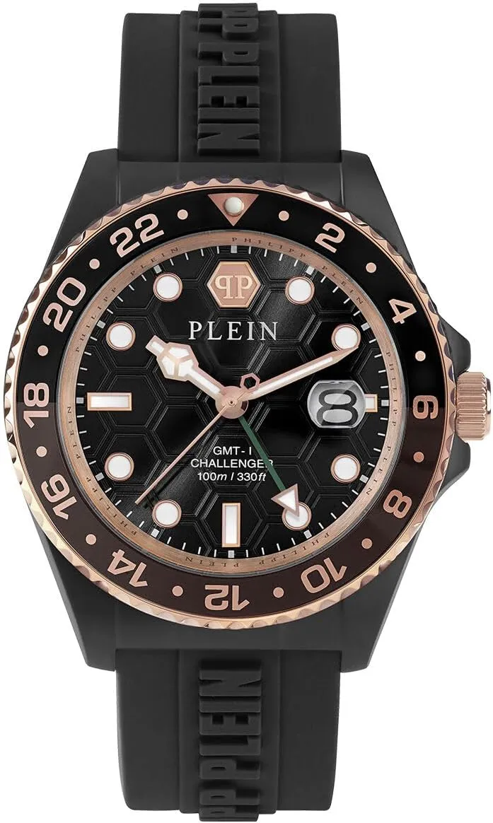 Philipp Plein GMT-I Challenger Collection Luxury Mens Watch Timepieces with a Black Strap and Dial Featuring a Two Tone Case