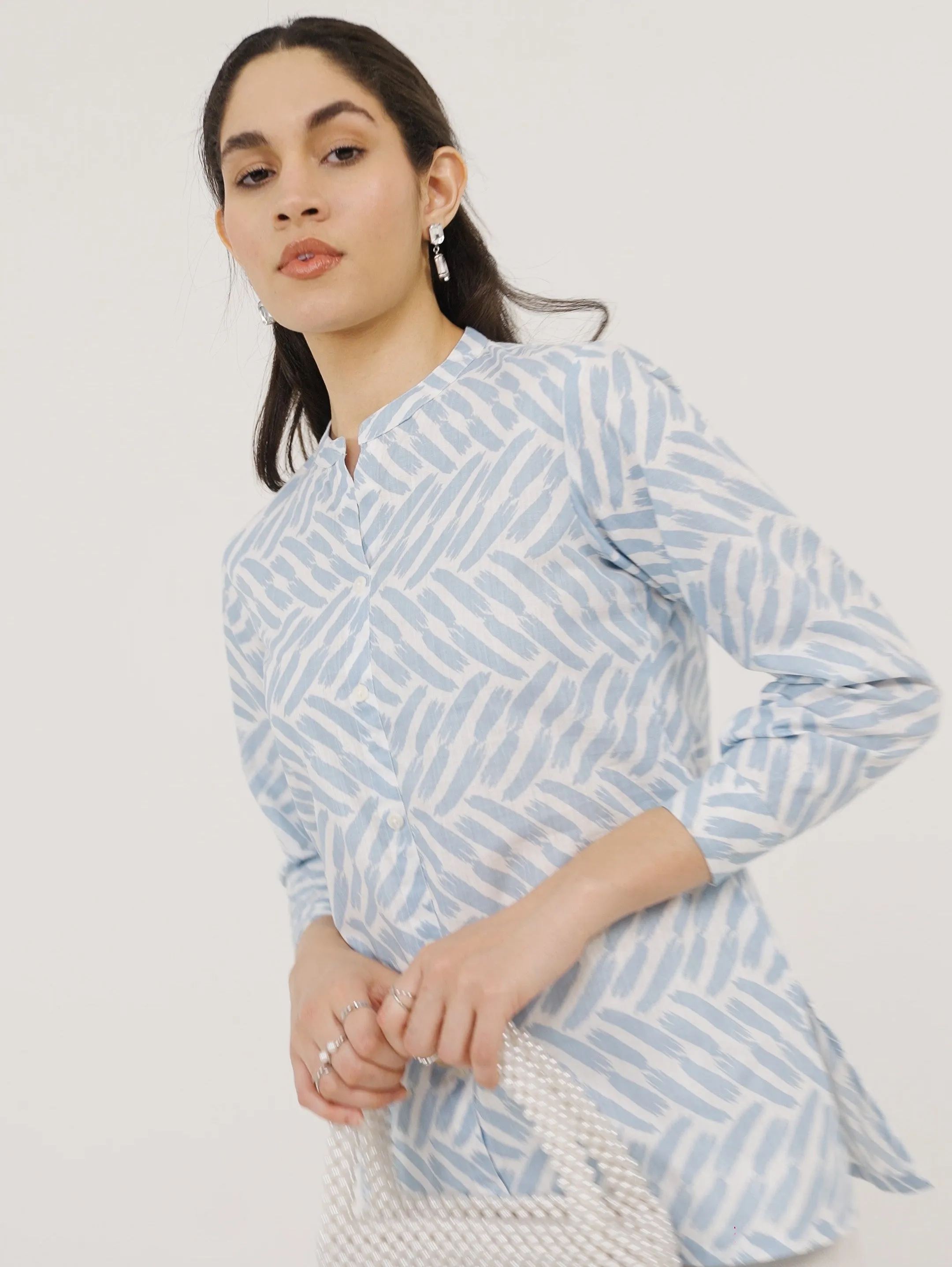 Printed Blue Mandarin Collar Shirt