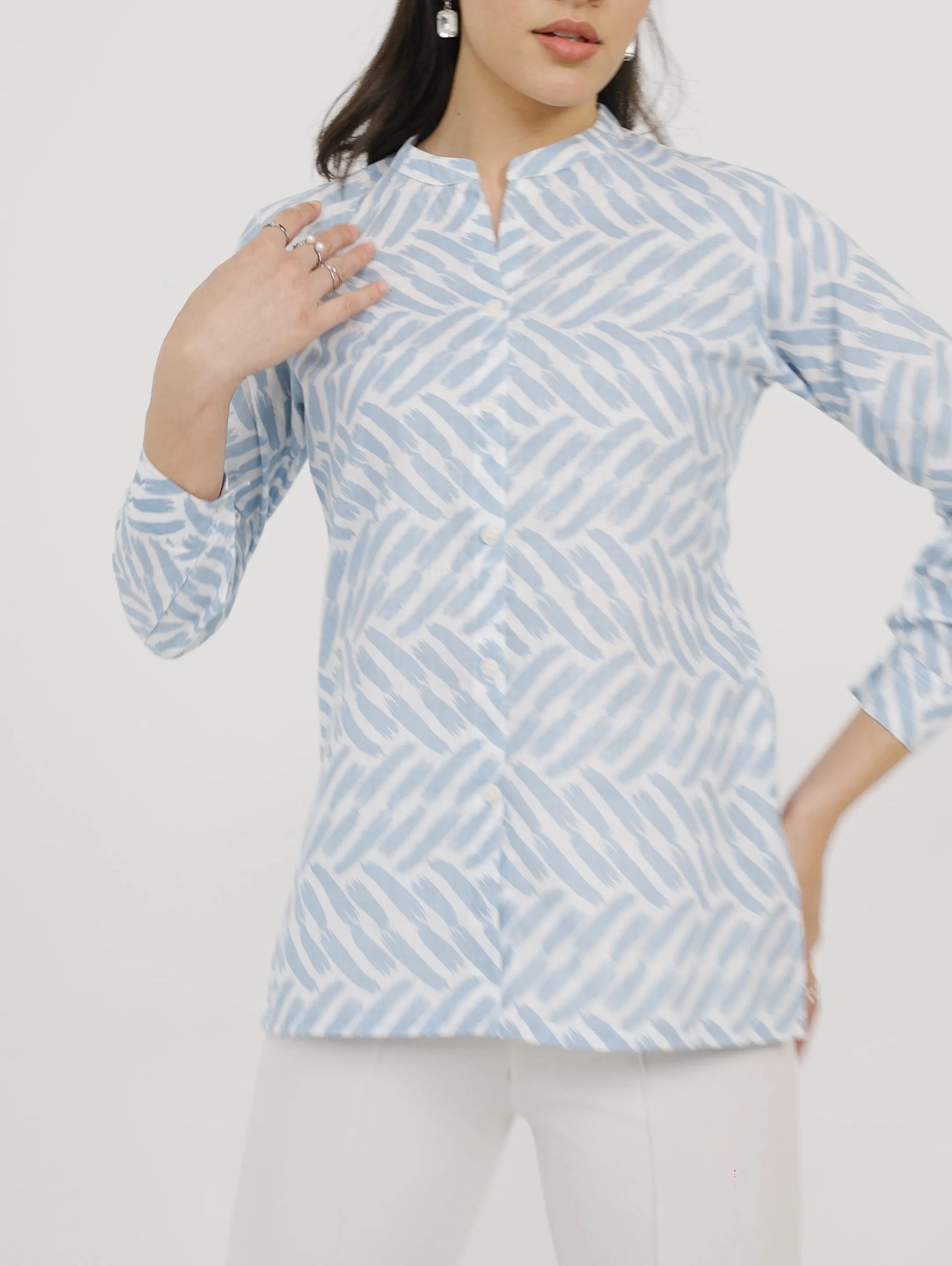 Printed Blue Mandarin Collar Shirt