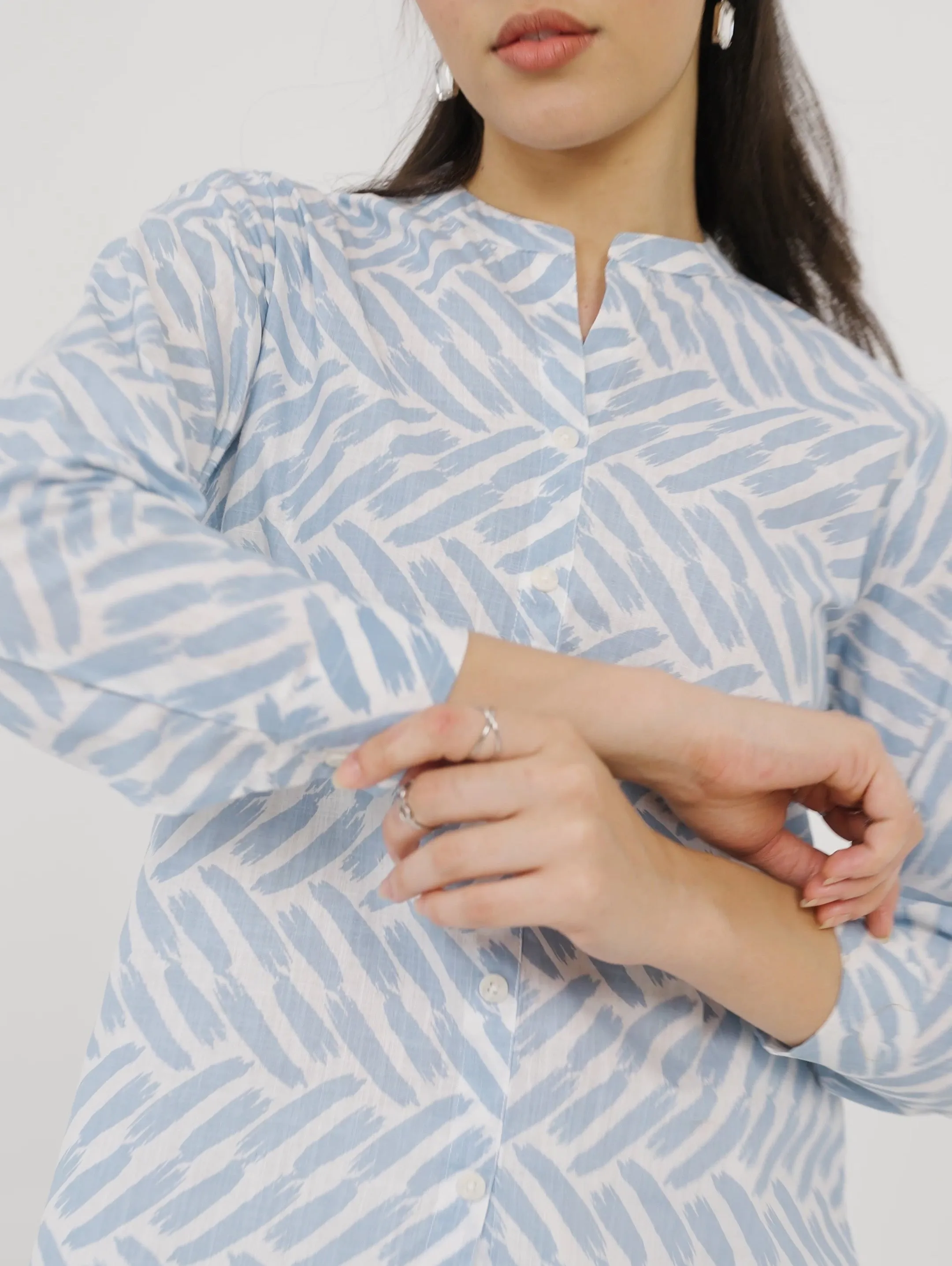 Printed Blue Mandarin Collar Shirt