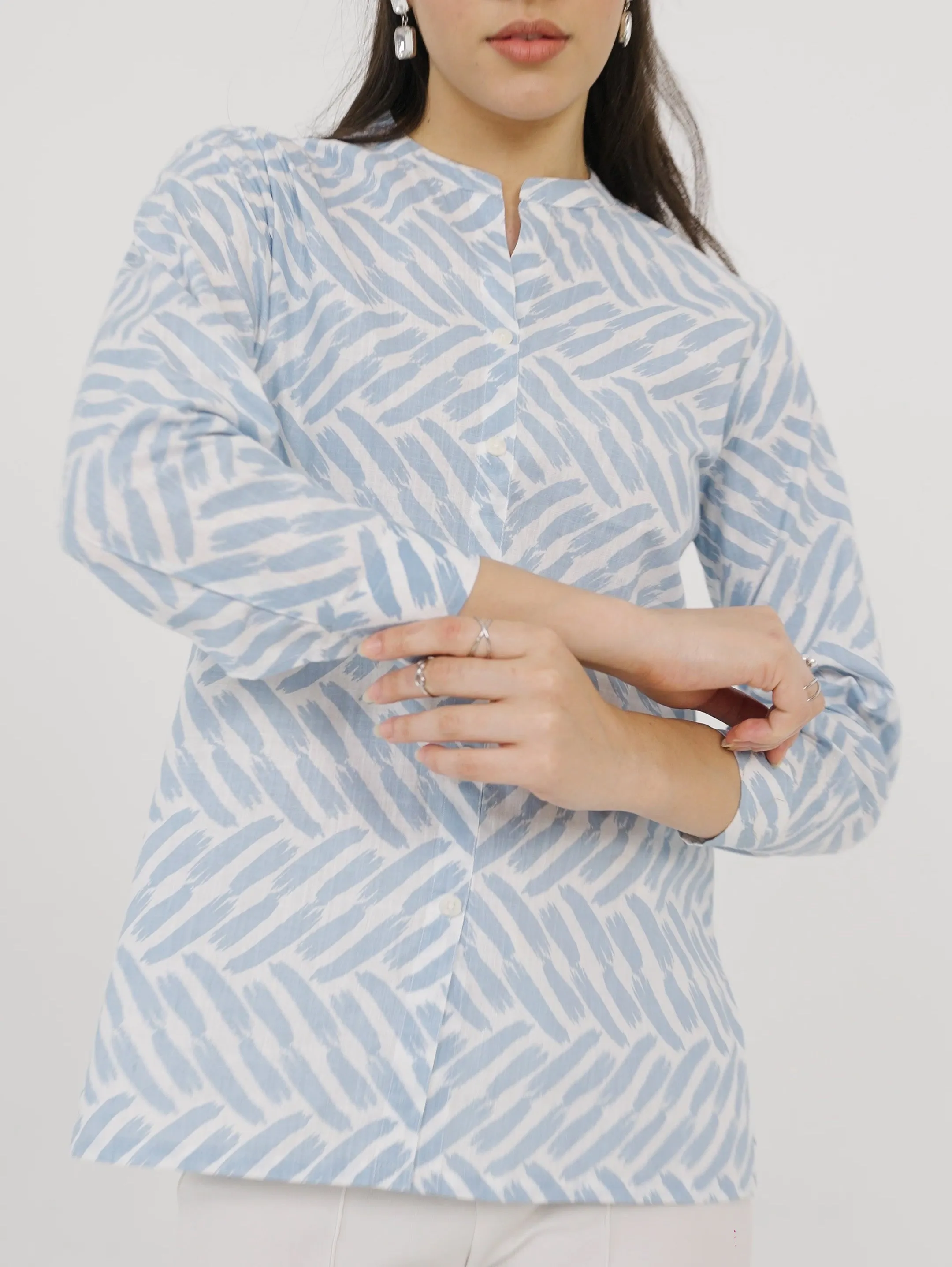 Printed Blue Mandarin Collar Shirt