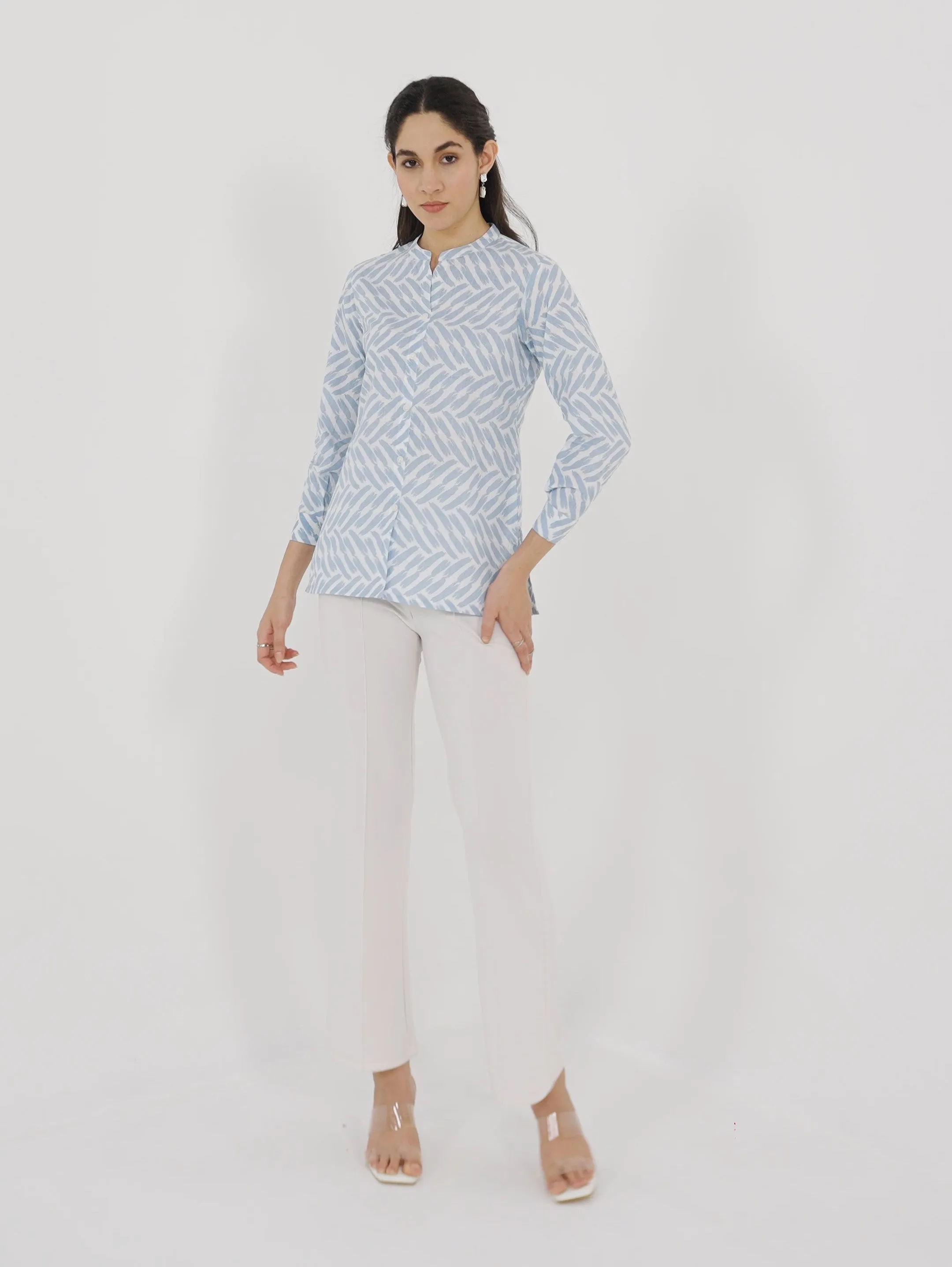 Printed Blue Mandarin Collar Shirt
