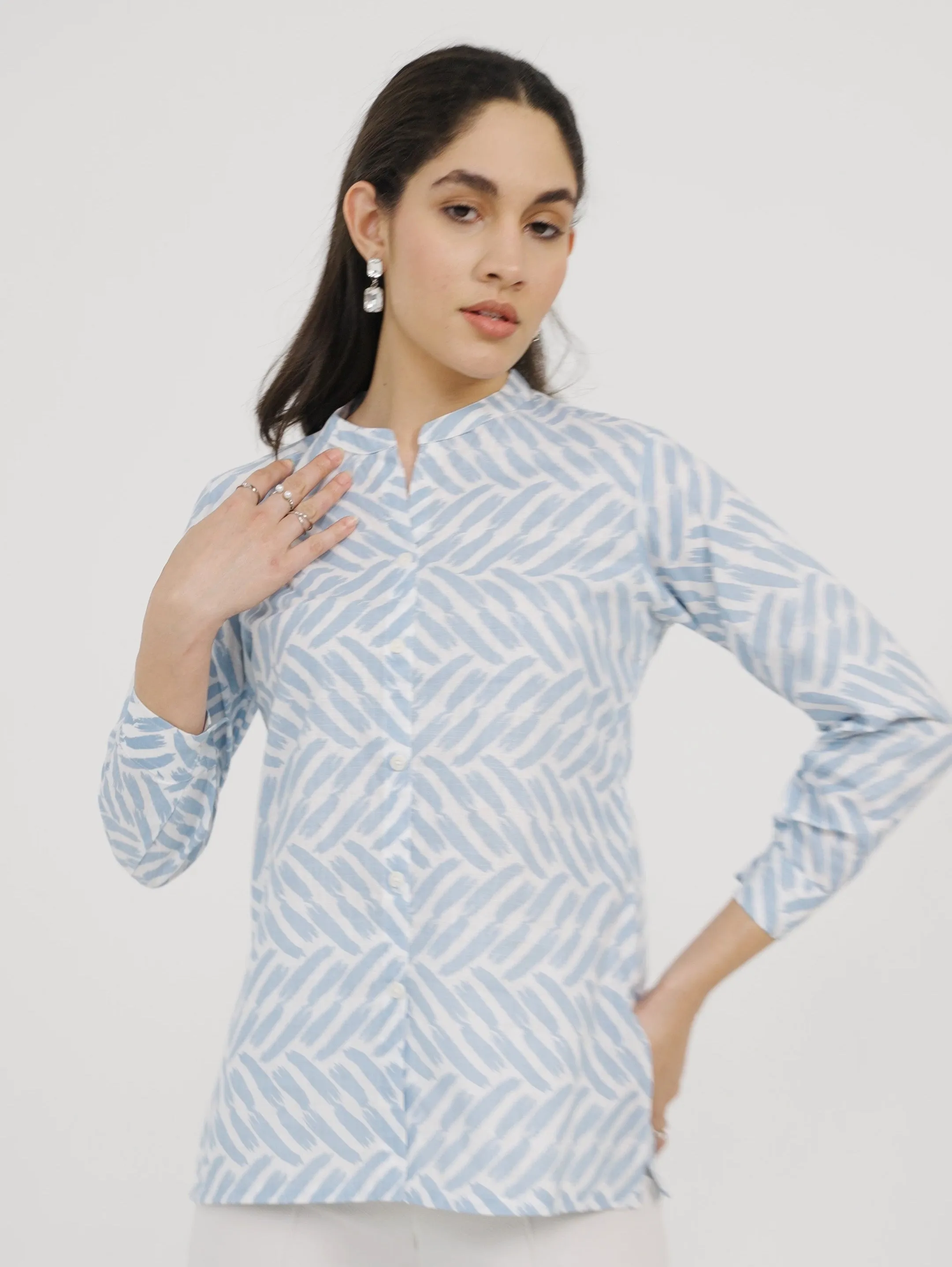 Printed Blue Mandarin Collar Shirt