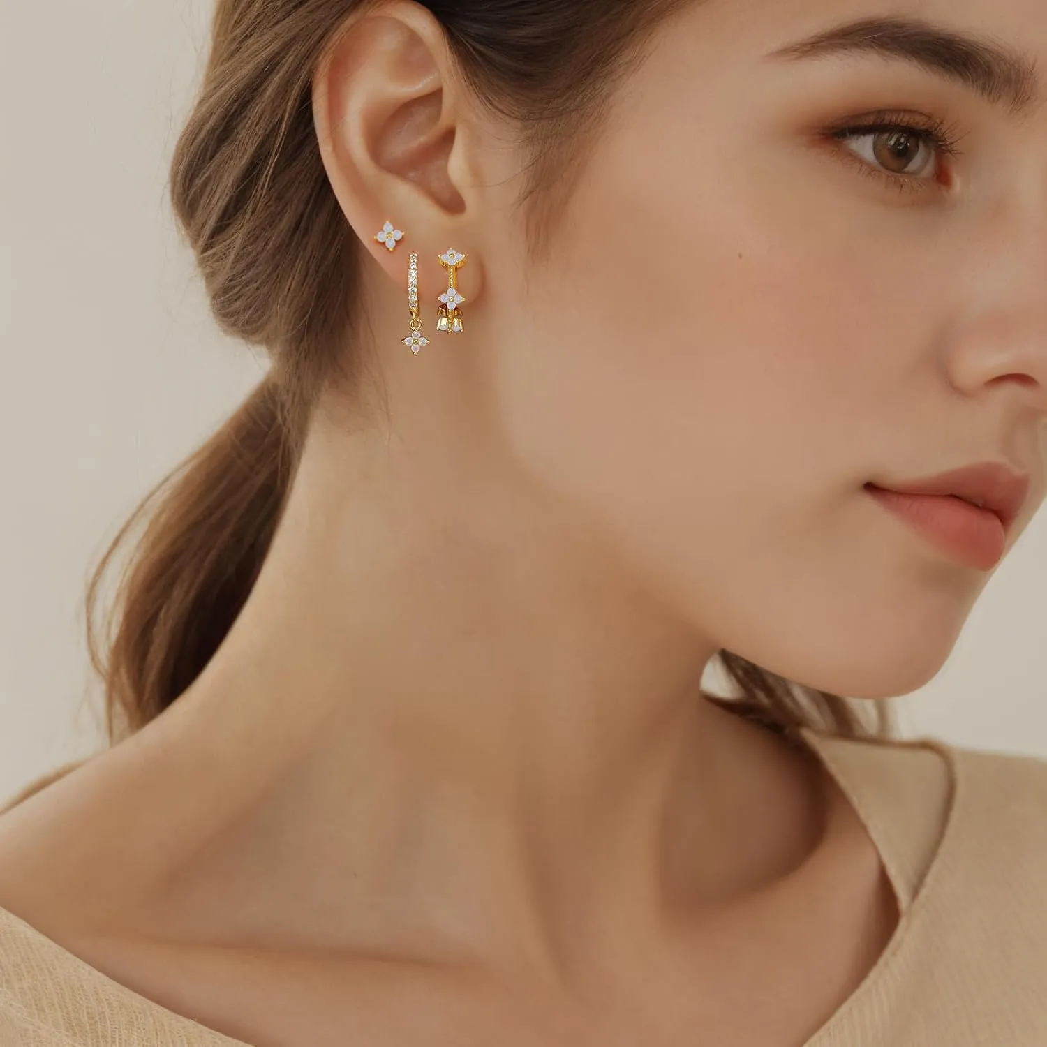 QUINBY Dainty Opal Earrings Dangle Hoop Earrings For Women,Hypoallergenic Earring Sets For Multiple Piercing,14k Gold Plated Earring Stacks For Sensitive Ears