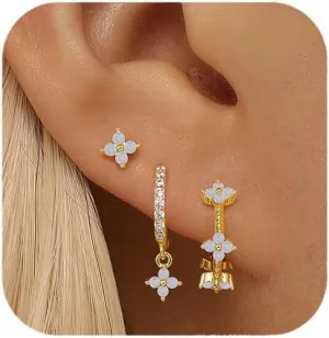 QUINBY Dainty Opal Earrings Dangle Hoop Earrings For Women,Hypoallergenic Earring Sets For Multiple Piercing,14k Gold Plated Earring Stacks For Sensitive Ears