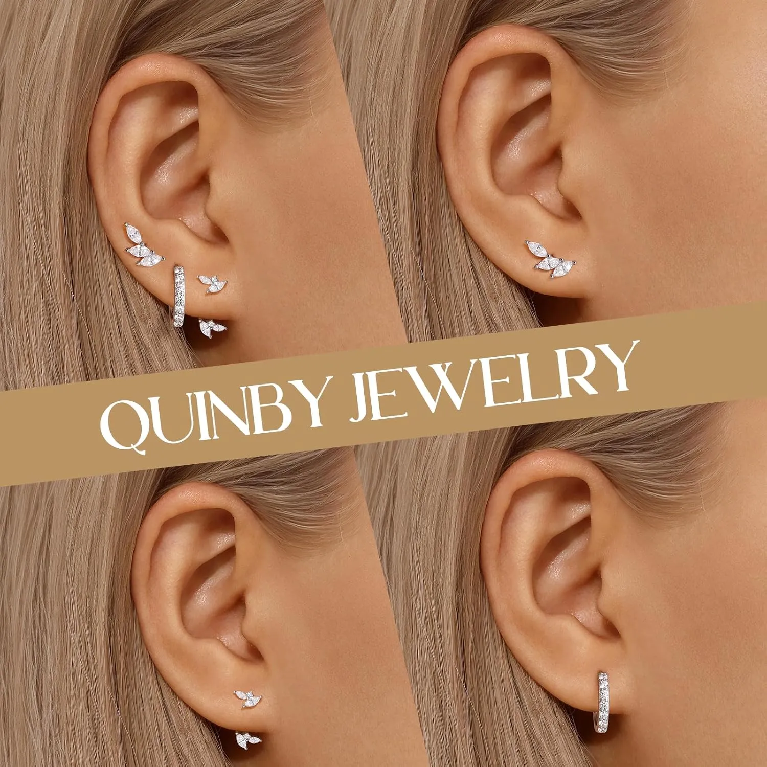 QUINBY Dainty Stud Earrings For Women,925 Sterling Silver Earring Sets For Multiple Piercing,Cartilage Hypoallergenic Earring Jackets For Sensitive Ears
