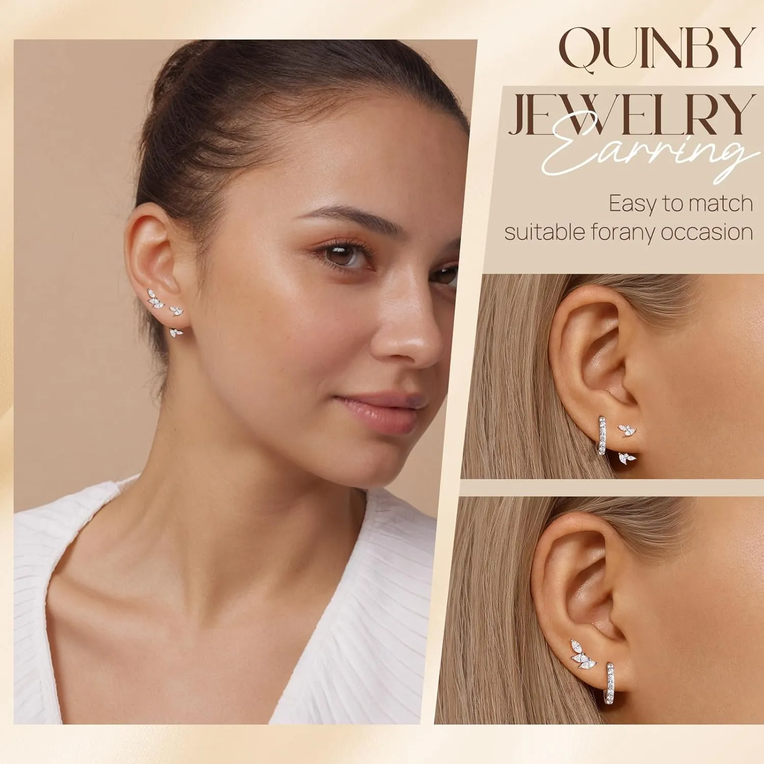 QUINBY Dainty Stud Earrings For Women,925 Sterling Silver Earring Sets For Multiple Piercing,Cartilage Hypoallergenic Earring Jackets For Sensitive Ears