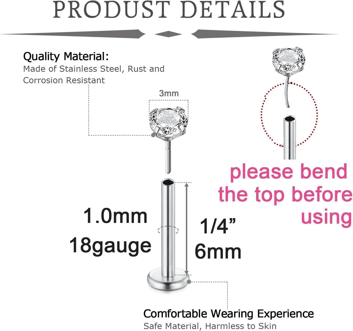 QWALIT Piercing Taper Threadless Insertion Tool - Titanium Labret Pin 16g, 18g, 20g