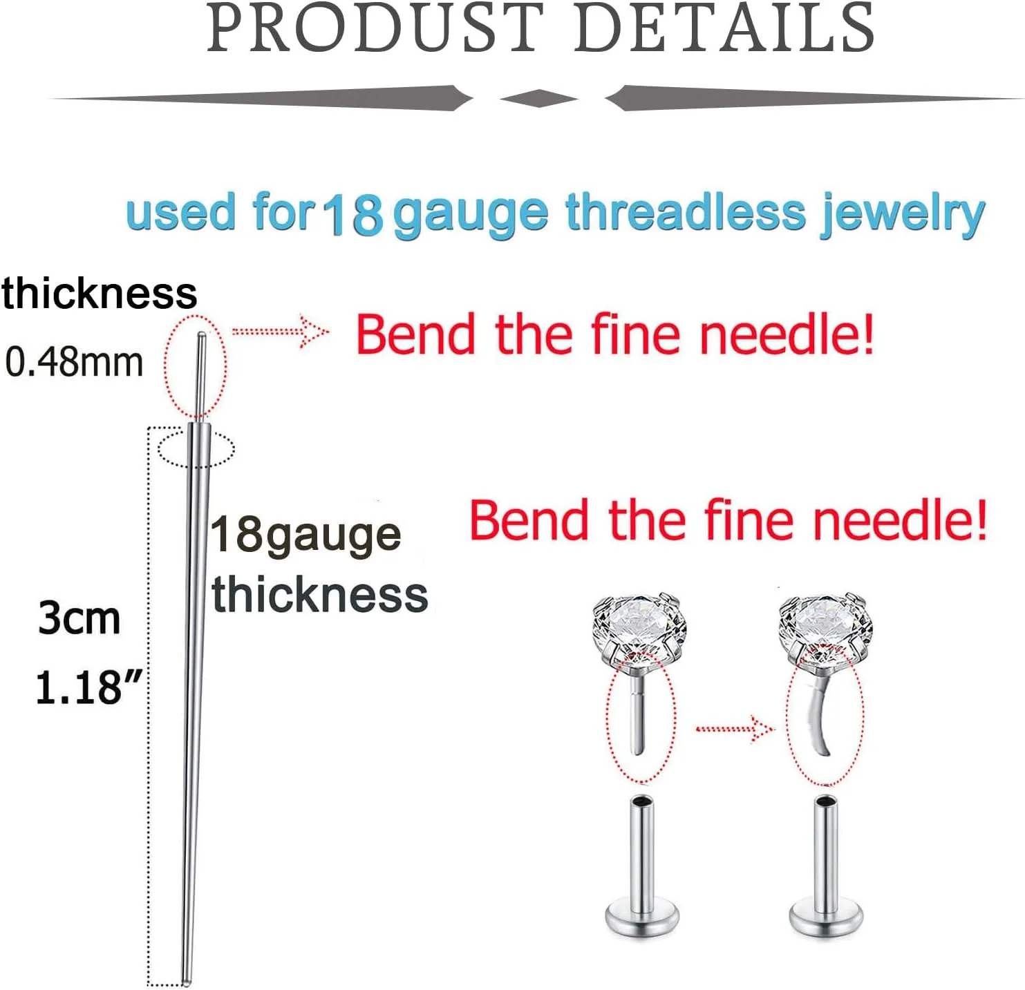 QWALIT Piercing Taper Threadless Insertion Tool - Titanium Labret Pin 16g, 18g, 20g