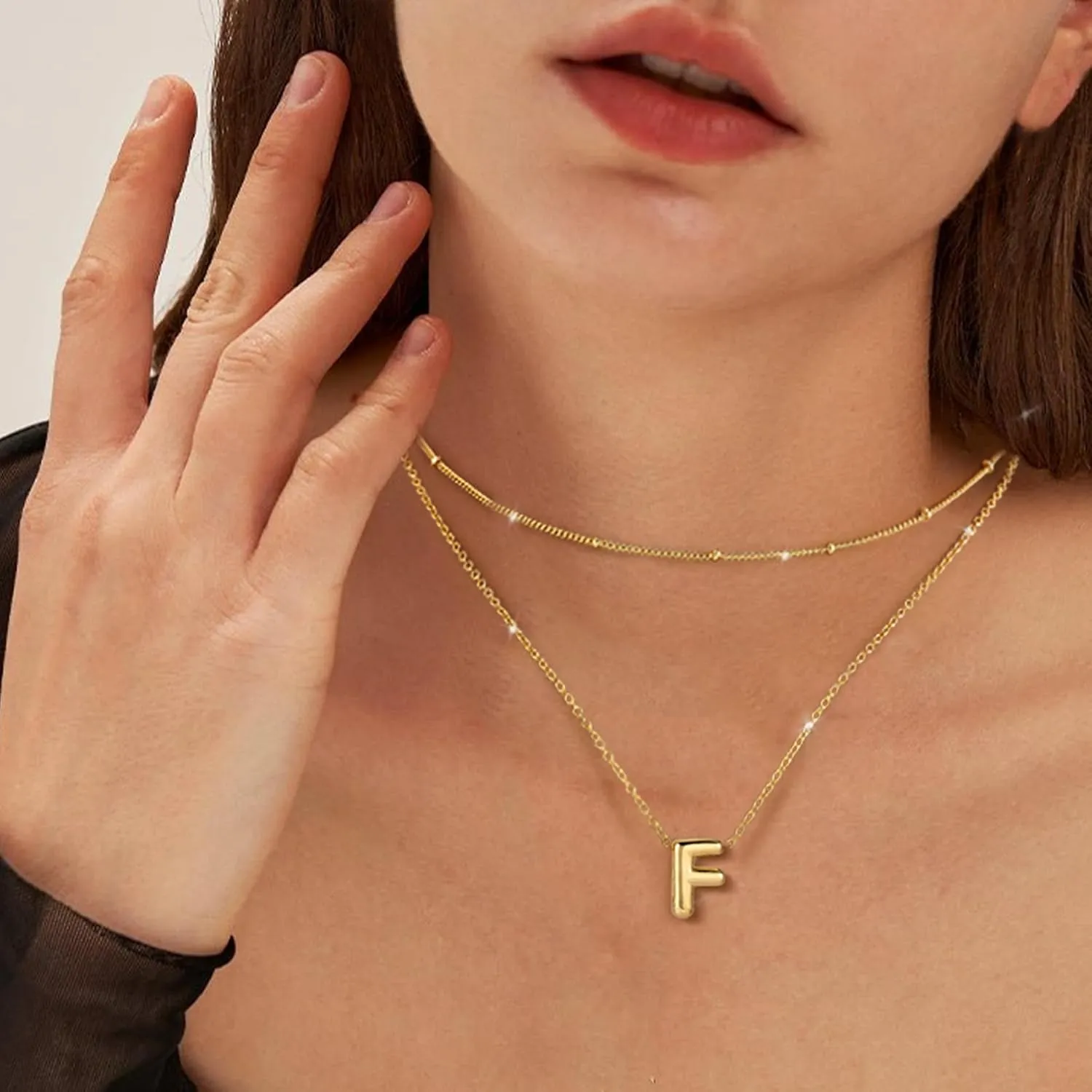 RANKEEF Bubble Letter Necklace Gold A-Z Layered Gold Initial Necklace For Women Bubble Necklace Letter 14k Plated Personalized Necklaces For Women Jewelry