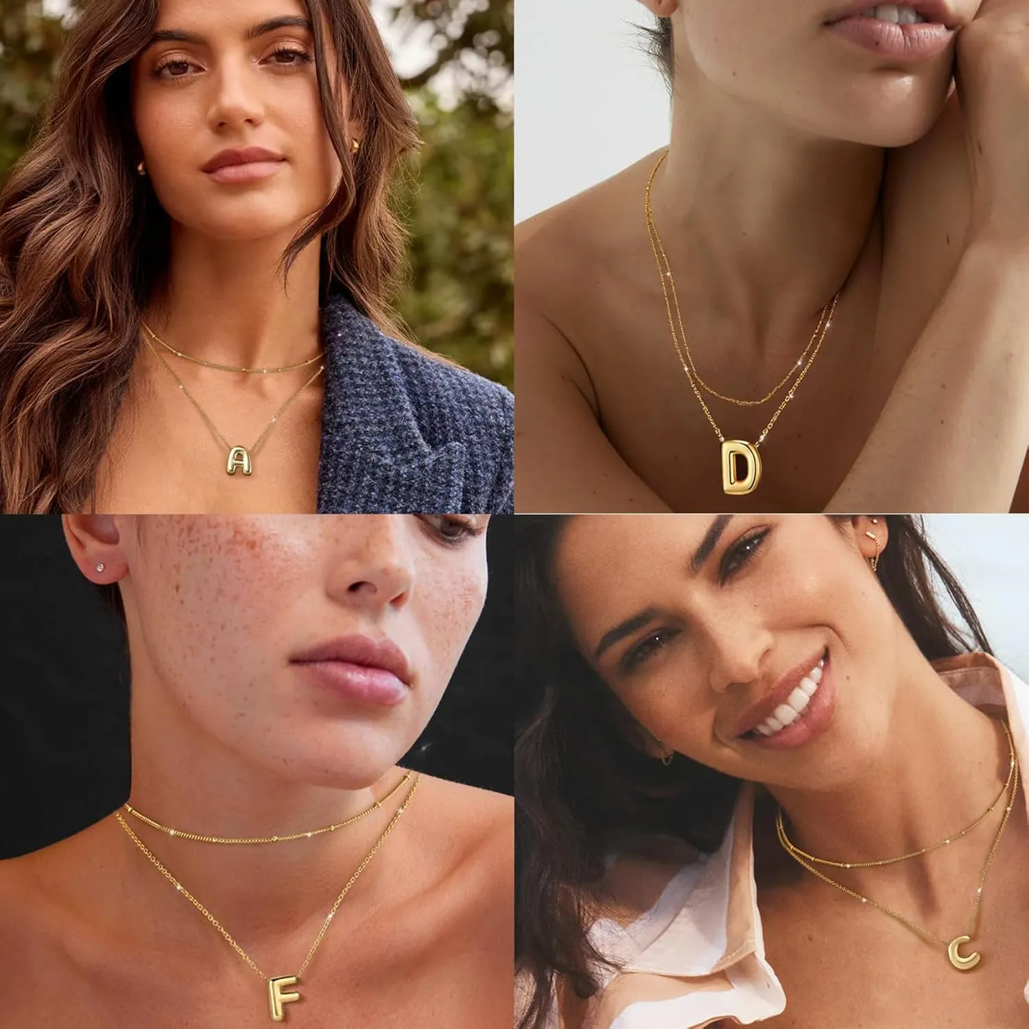 RANKEEF Bubble Letter Necklace Gold A-Z Layered Gold Initial Necklace For Women Bubble Necklace Letter 14k Plated Personalized Necklaces For Women Jewelry