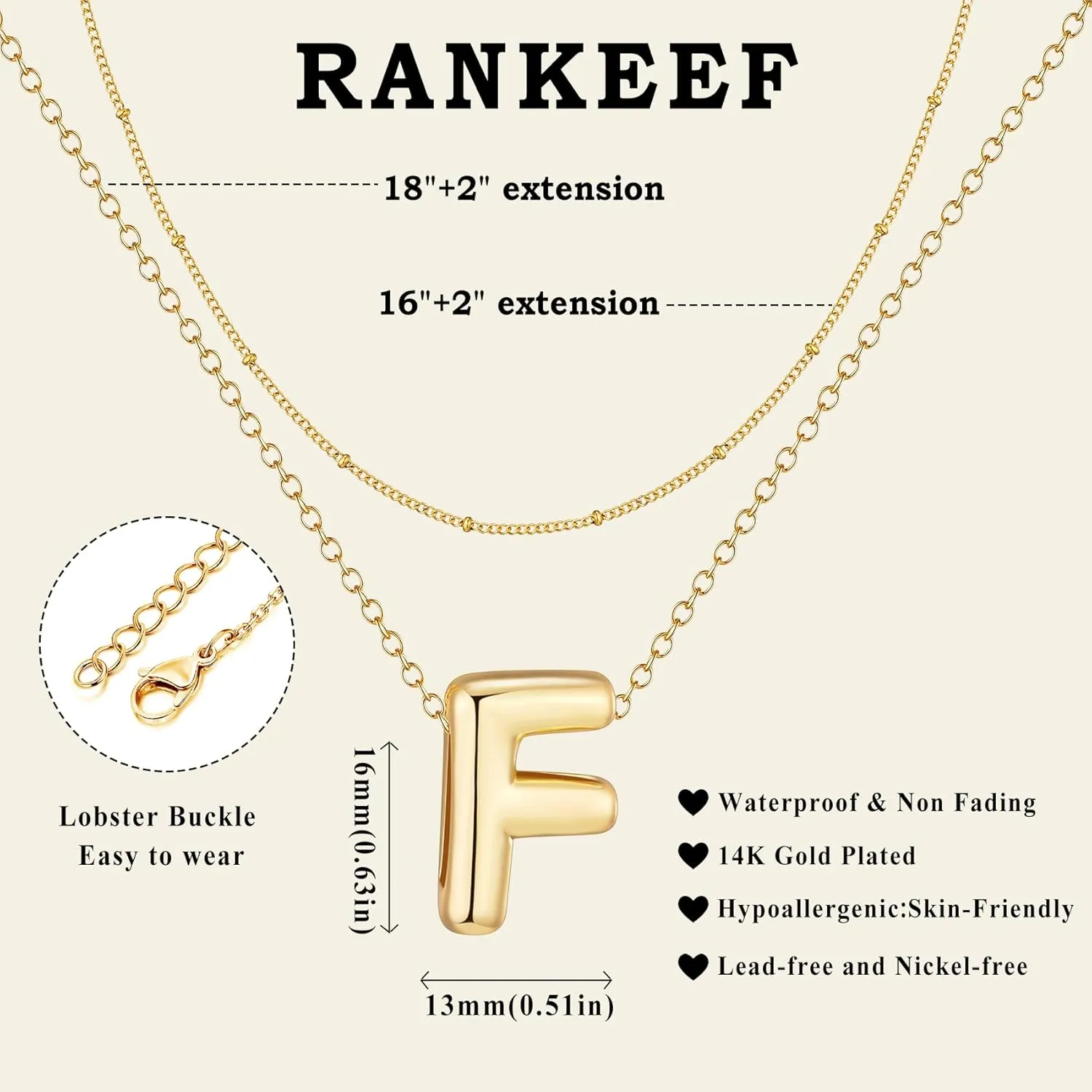 RANKEEF Bubble Letter Necklace Gold A-Z Layered Gold Initial Necklace For Women Bubble Necklace Letter 14k Plated Personalized Necklaces For Women Jewelry