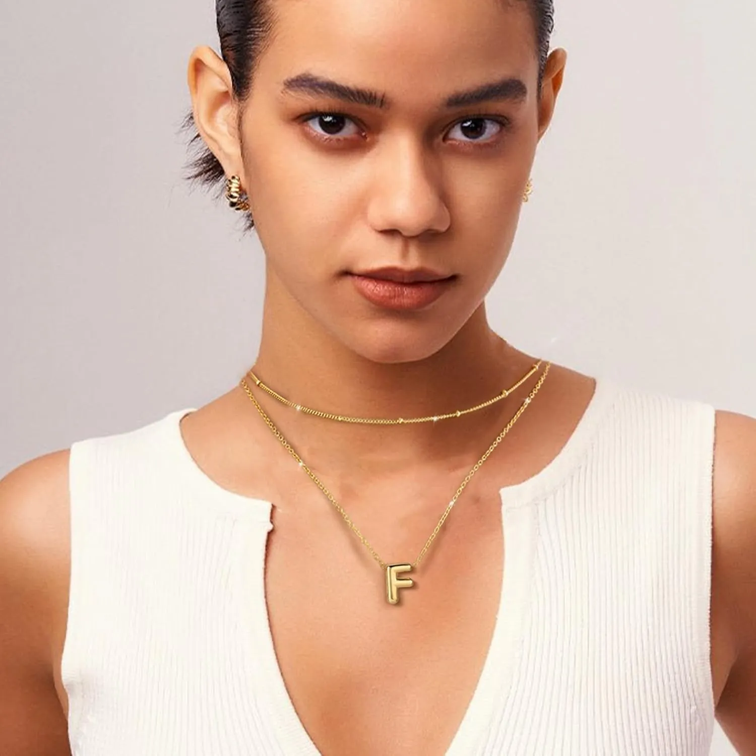 RANKEEF Bubble Letter Necklace Gold A-Z Layered Gold Initial Necklace For Women Bubble Necklace Letter 14k Plated Personalized Necklaces For Women Jewelry