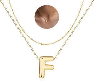 RANKEEF Bubble Letter Necklace Gold A-Z Layered Gold Initial Necklace For Women Bubble Necklace Letter 14k Plated Personalized Necklaces For Women Jewelry