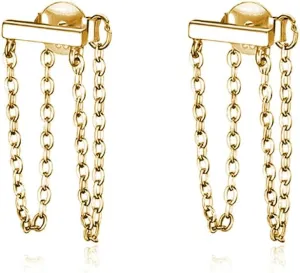 Reffeer Solid 925 Sterling Silver Bar Tassel Chain Drop Earrings for Women Teens Bar Drop Earrings Minimalist Studs