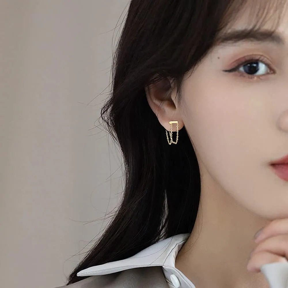 Reffeer Solid 925 Sterling Silver Bar Tassel Chain Drop Earrings for Women Teens Bar Drop Earrings Minimalist Studs