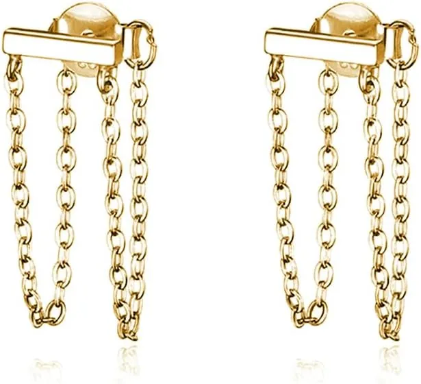 Reffeer Solid 925 Sterling Silver Bar Tassel Chain Drop Earrings for Women Teens Bar Drop Earrings Minimalist Studs