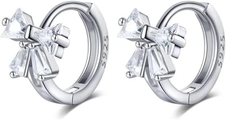 Reffeer Solid 925 Sterling Silver CZ Bow Hoop Earrings Ribbon for Women Teens Small Bowknot Hoop Earrings Cartilage