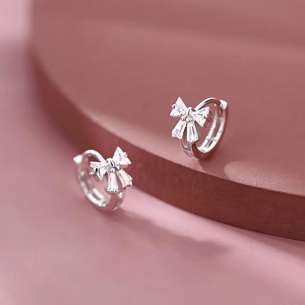 Reffeer Solid 925 Sterling Silver CZ Bow Hoop Earrings Ribbon for Women Teens Small Bowknot Hoop Earrings Cartilage
