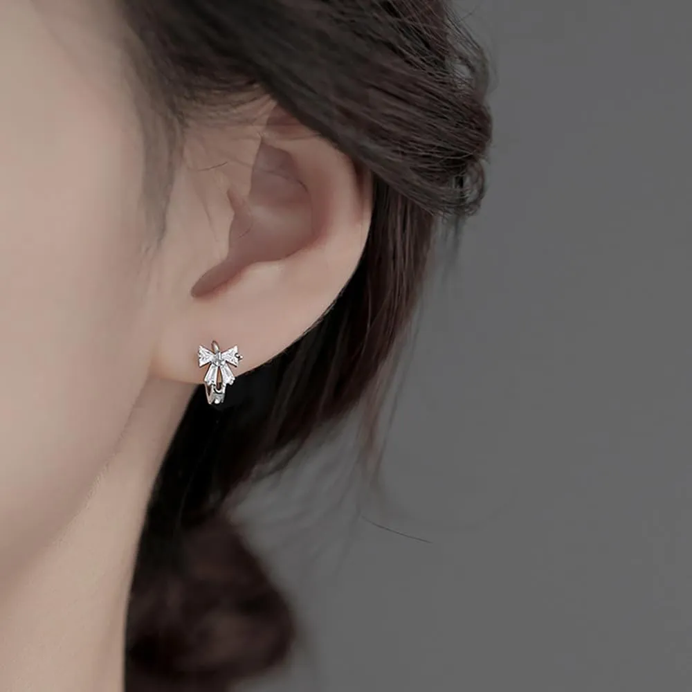 Reffeer Solid 925 Sterling Silver CZ Bow Hoop Earrings Ribbon for Women Teens Small Bowknot Hoop Earrings Cartilage