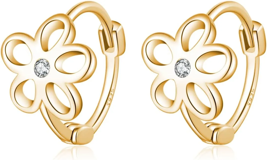 Reffeer Solid 925 Sterling Silver Flower Hoop Earrings Huggie for Women Teens CZ Flower Hoop Earrings Spring