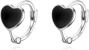 Reffeer Solid 925 Sterling Silver Love Heart Hoop Earrings for Women Teens Black Heart Hoop Earrings Huggie