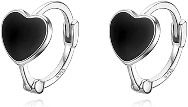 Reffeer Solid 925 Sterling Silver Love Heart Hoop Earrings for Women Teens Black Heart Hoop Earrings Huggie