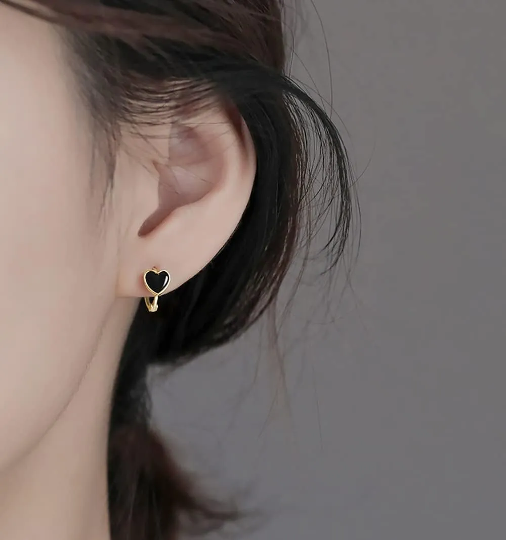 Reffeer Solid 925 Sterling Silver Love Heart Hoop Earrings for Women Teens Black Heart Hoop Earrings Huggie