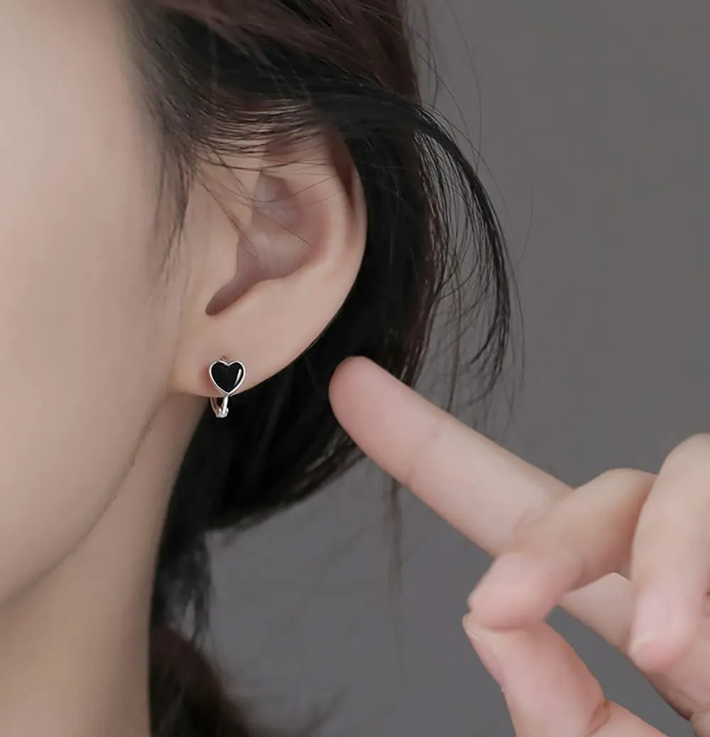 Reffeer Solid 925 Sterling Silver Love Heart Hoop Earrings for Women Teens Black Heart Hoop Earrings Huggie
