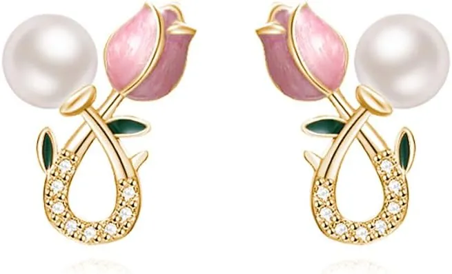 Reffeer Solid 925 Sterling Silver Pink Flower Stud Earrings for Women Teens Spring Flower Stud Earrings Pearls