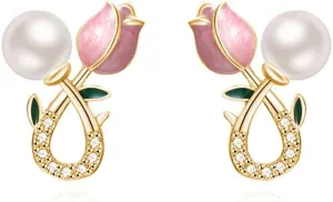 Reffeer Solid 925 Sterling Silver Pink Flower Stud Earrings for Women Teens Spring Flower Stud Earrings Pearls