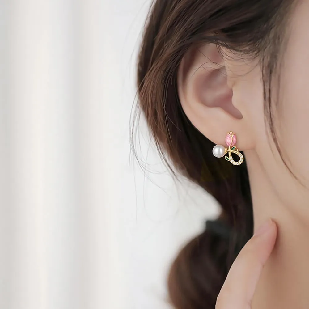 Reffeer Solid 925 Sterling Silver Pink Flower Stud Earrings for Women Teens Spring Flower Stud Earrings Pearls