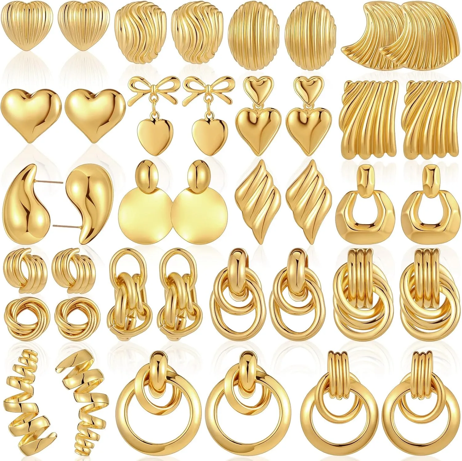 Remuuly 20 Pairs Chunky Gold Earrings Set Circle Hoop Earrings Gold Heart Dangle Stud Wavy Shell Button Trendy Minimalism Earrings Birthday Party Gift for Women
