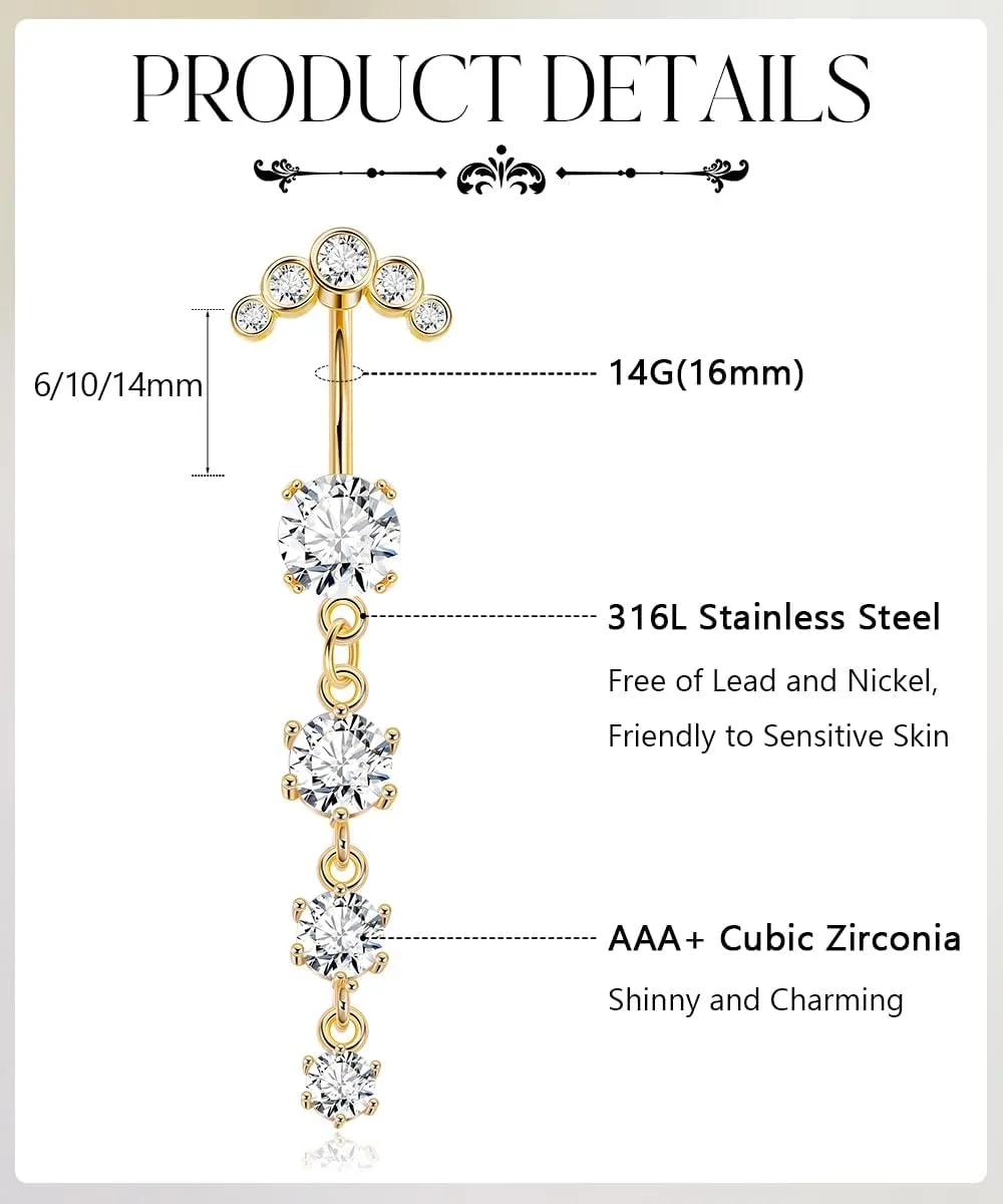 REVOLIA 5Pcs 14G Belly Button Ring for Women Dangling Belly Rings Curved Navel Ring Flower Butterfly Body Piercing Jewelry