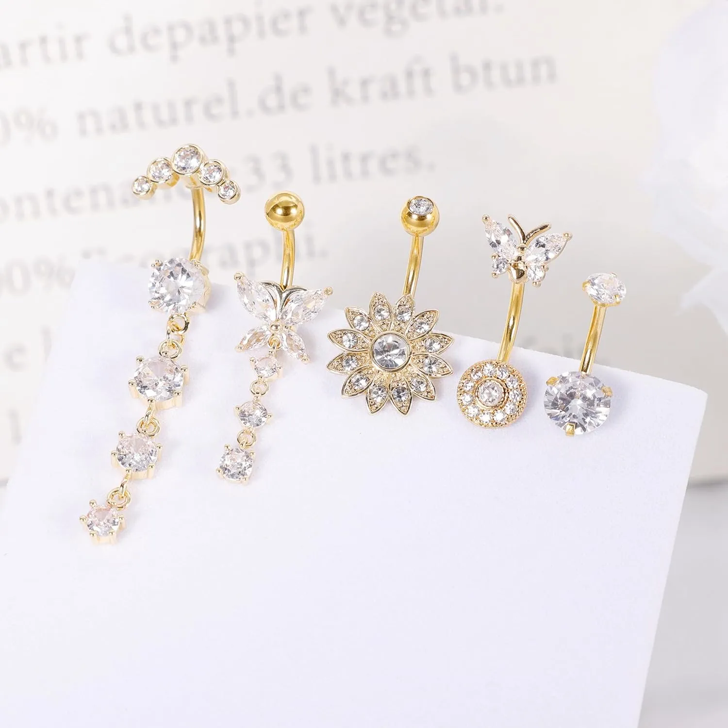 REVOLIA 5Pcs 14G Belly Button Ring for Women Dangling Belly Rings Curved Navel Ring Flower Butterfly Body Piercing Jewelry