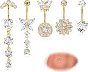 REVOLIA 5Pcs 14G Belly Button Ring for Women Dangling Belly Rings Curved Navel Ring Flower Butterfly Body Piercing Jewelry