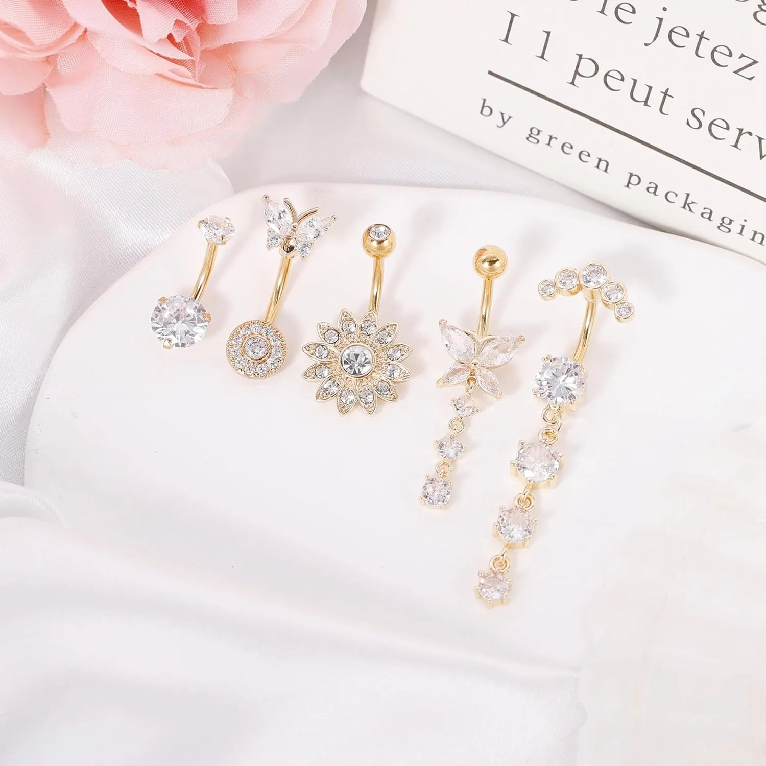 REVOLIA 5Pcs 14G Belly Button Ring for Women Dangling Belly Rings Curved Navel Ring Flower Butterfly Body Piercing Jewelry