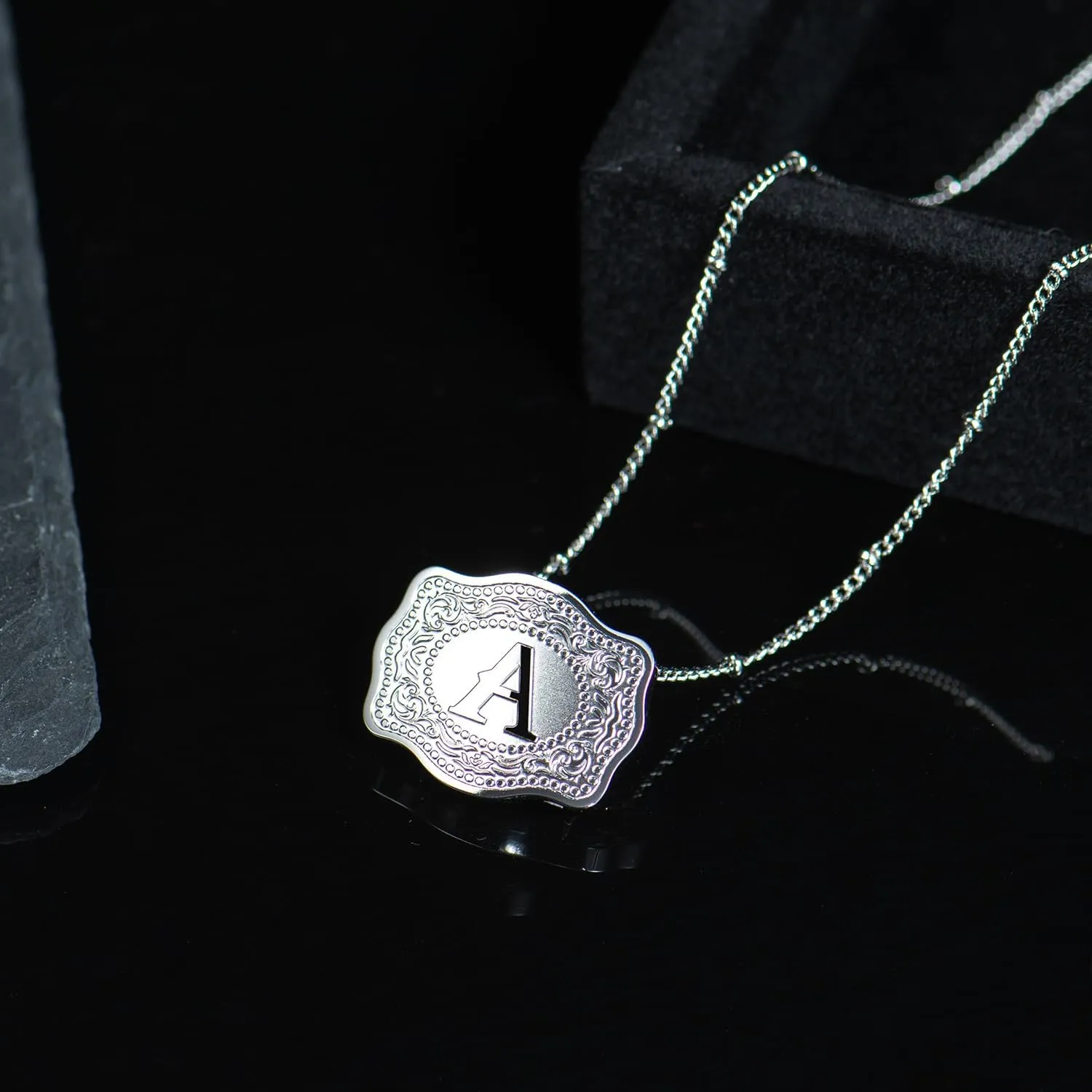Rhodium-Plated Initial Letter Pendant Necklace with Embossed Belt Buckle, Free Chain Included, Personalized Necklace for Women