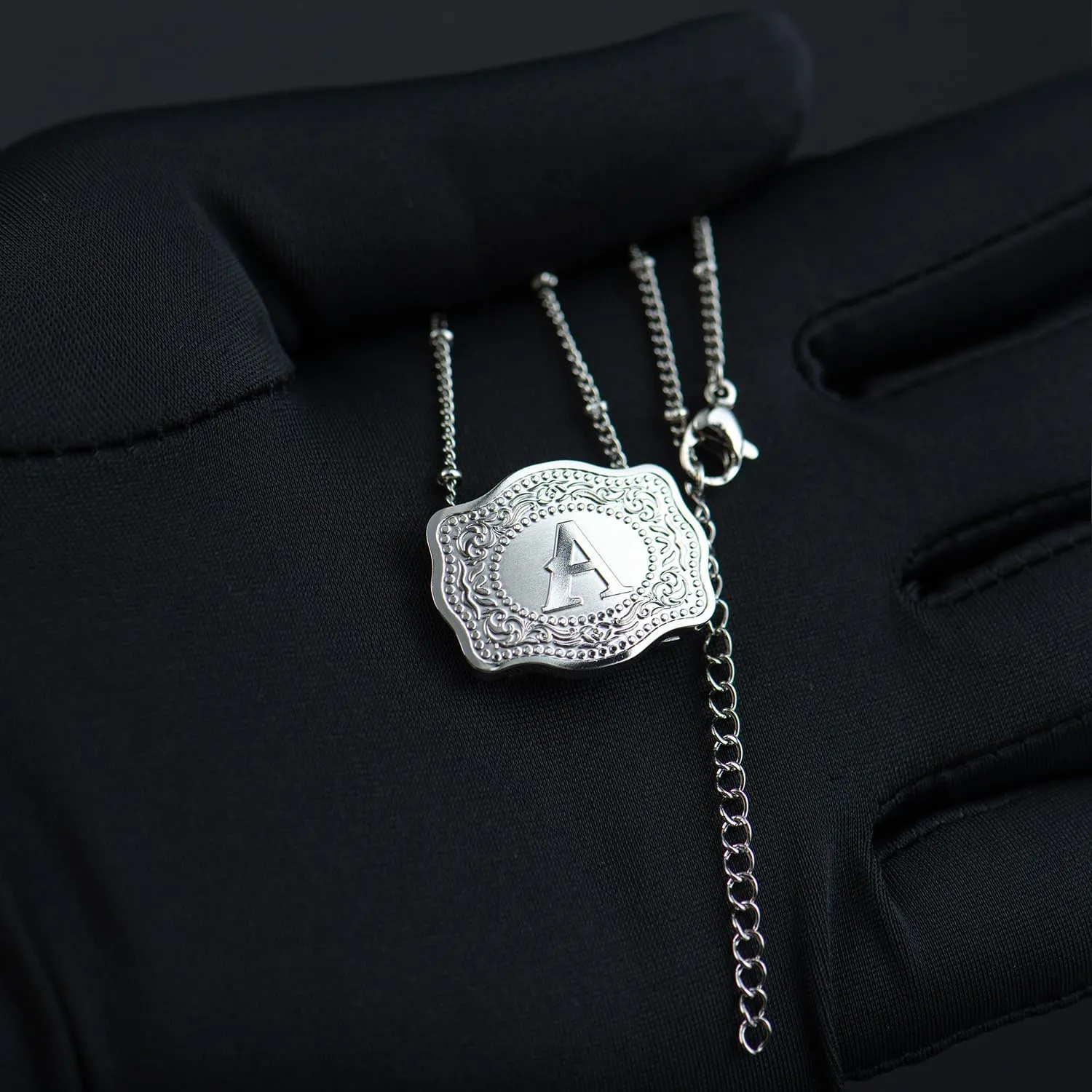 Rhodium-Plated Initial Letter Pendant Necklace with Embossed Belt Buckle, Free Chain Included, Personalized Necklace for Women