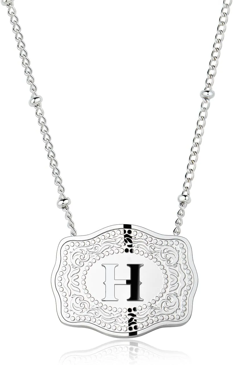 Rhodium-Plated Initial Letter Pendant Necklace with Embossed Belt Buckle, Free Chain Included, Personalized Necklace for Women