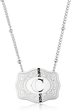 Rhodium-Plated Initial Letter Pendant Necklace with Embossed Belt Buckle, Free Chain Included, Personalized Necklace for Women