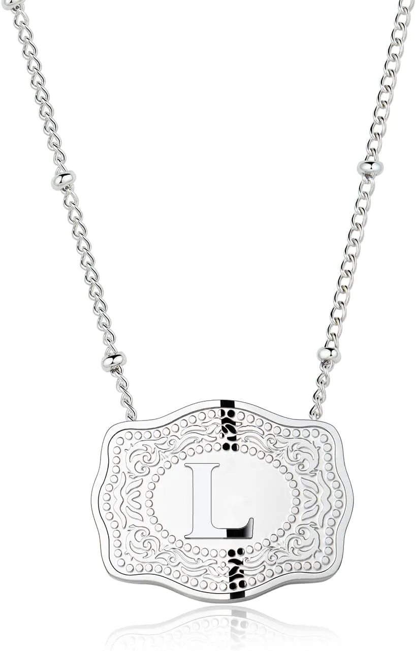 Rhodium-Plated Initial Letter Pendant Necklace with Embossed Belt Buckle, Free Chain Included, Personalized Necklace for Women