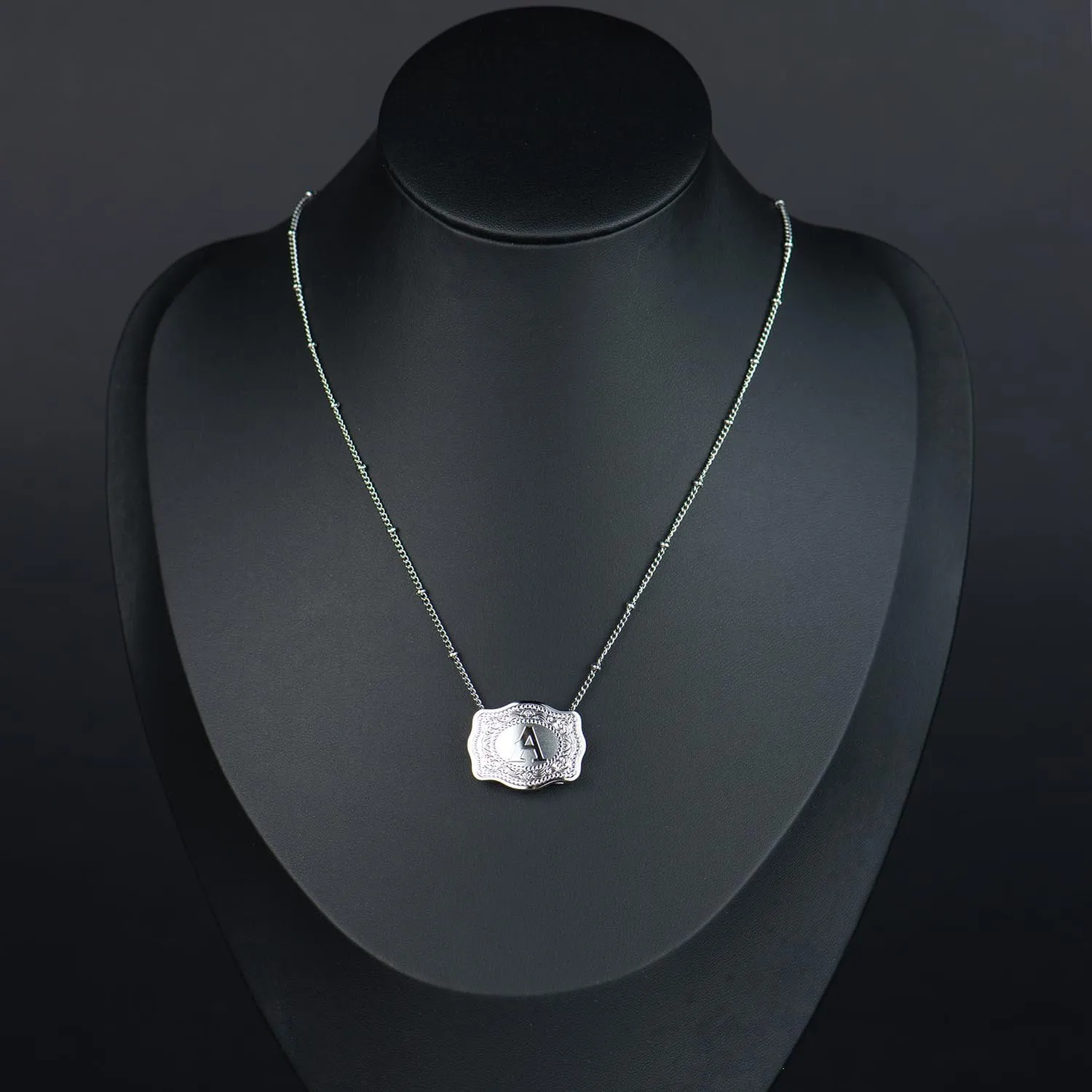 Rhodium-Plated Initial Letter Pendant Necklace with Embossed Belt Buckle, Free Chain Included, Personalized Necklace for Women