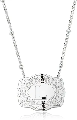 Rhodium-Plated Initial Letter Pendant Necklace with Embossed Belt Buckle, Free Chain Included, Personalized Necklace for Women
