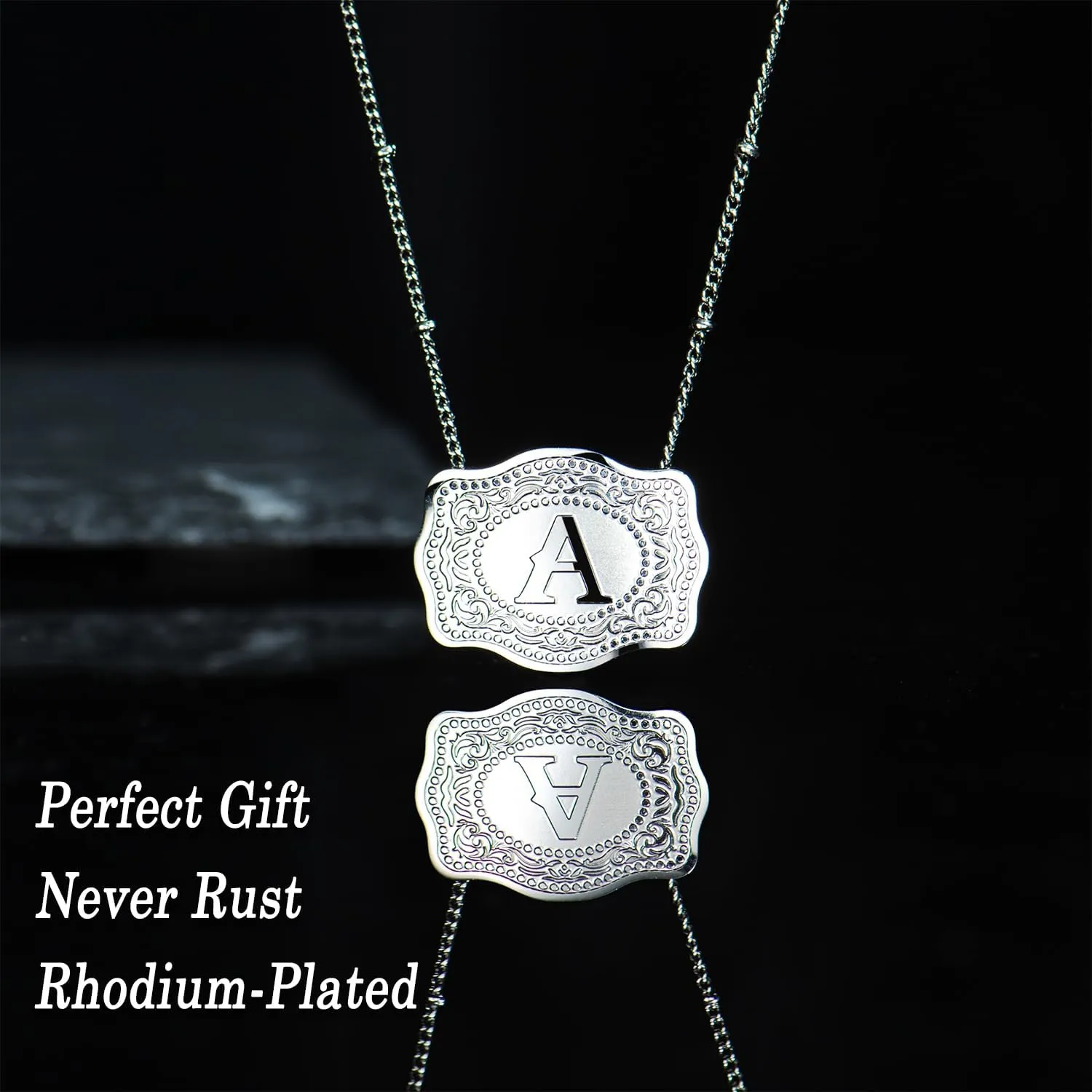 Rhodium-Plated Initial Letter Pendant Necklace with Embossed Belt Buckle, Free Chain Included, Personalized Necklace for Women