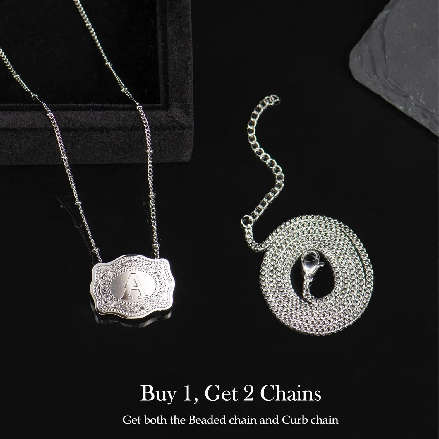 Rhodium-Plated Initial Letter Pendant Necklace with Embossed Belt Buckle, Free Chain Included, Personalized Necklace for Women