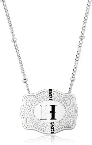 Rhodium-Plated Initial Letter Pendant Necklace with Embossed Belt Buckle, Free Chain Included, Personalized Necklace for Women