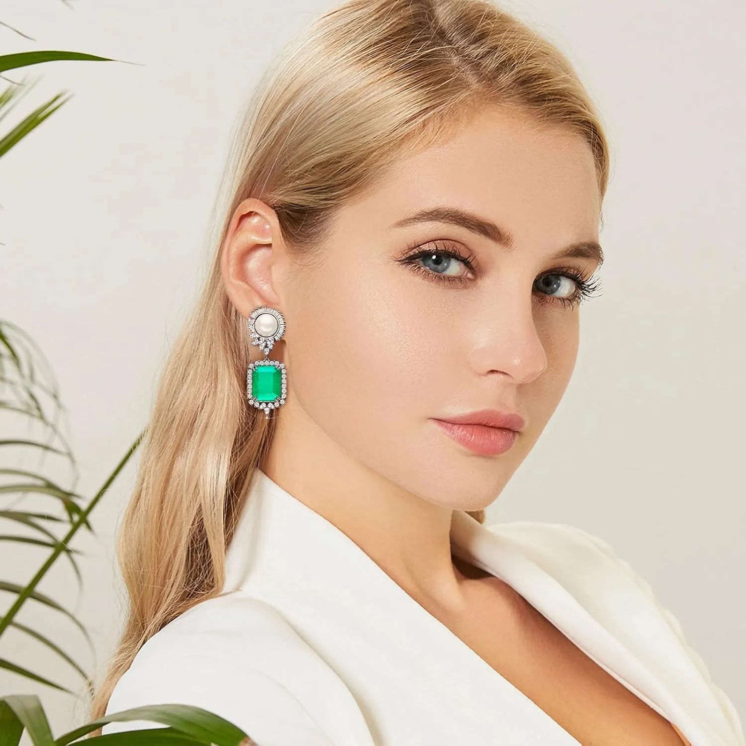 S925 Sterling Silver Emerald Green Pink Crystal Dangle Drop Earrings for Women Vintage Pearl Cubic Zirconia Wedding Bridal Emerald Cut Earrings